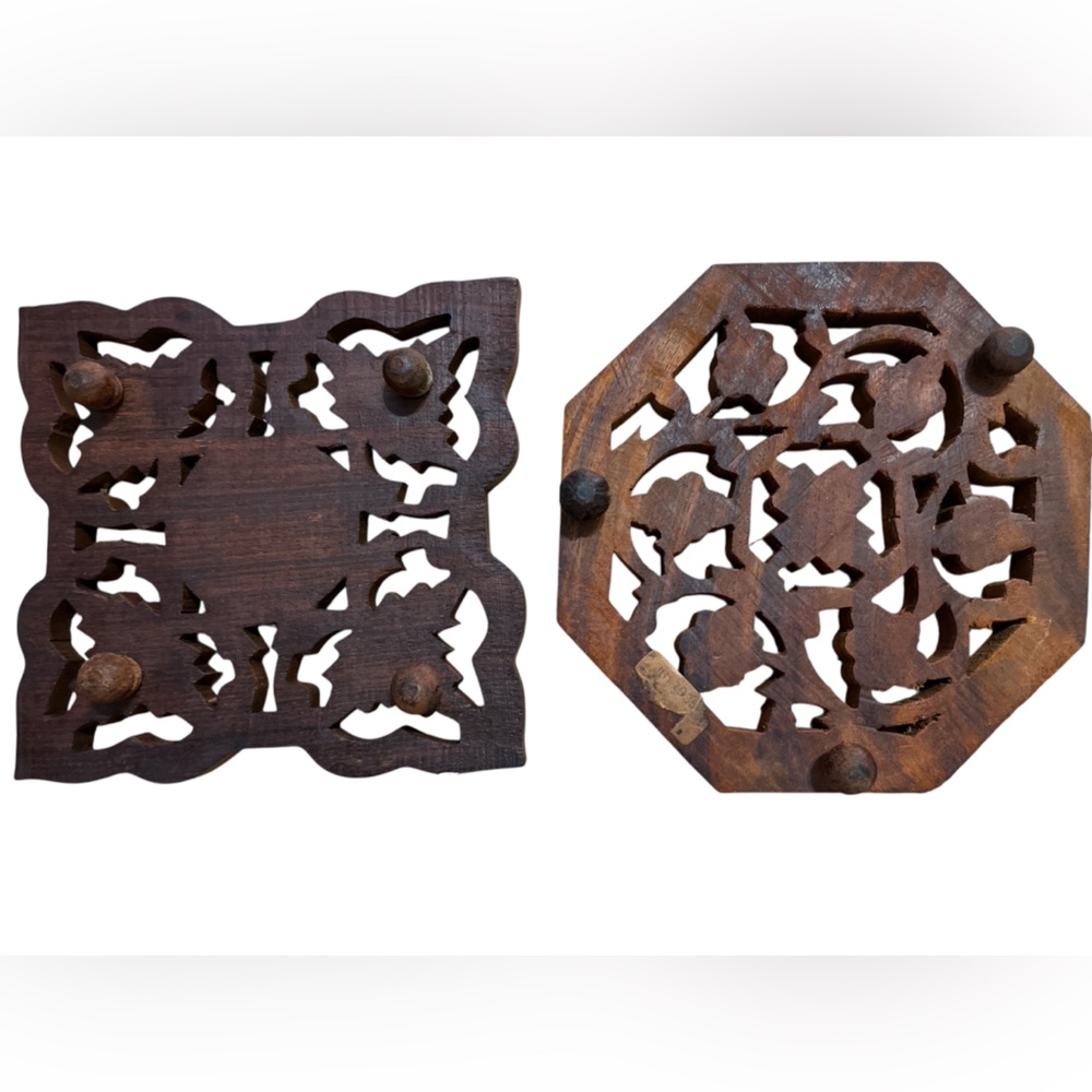 Intricately Carved Wooden Trivet Set